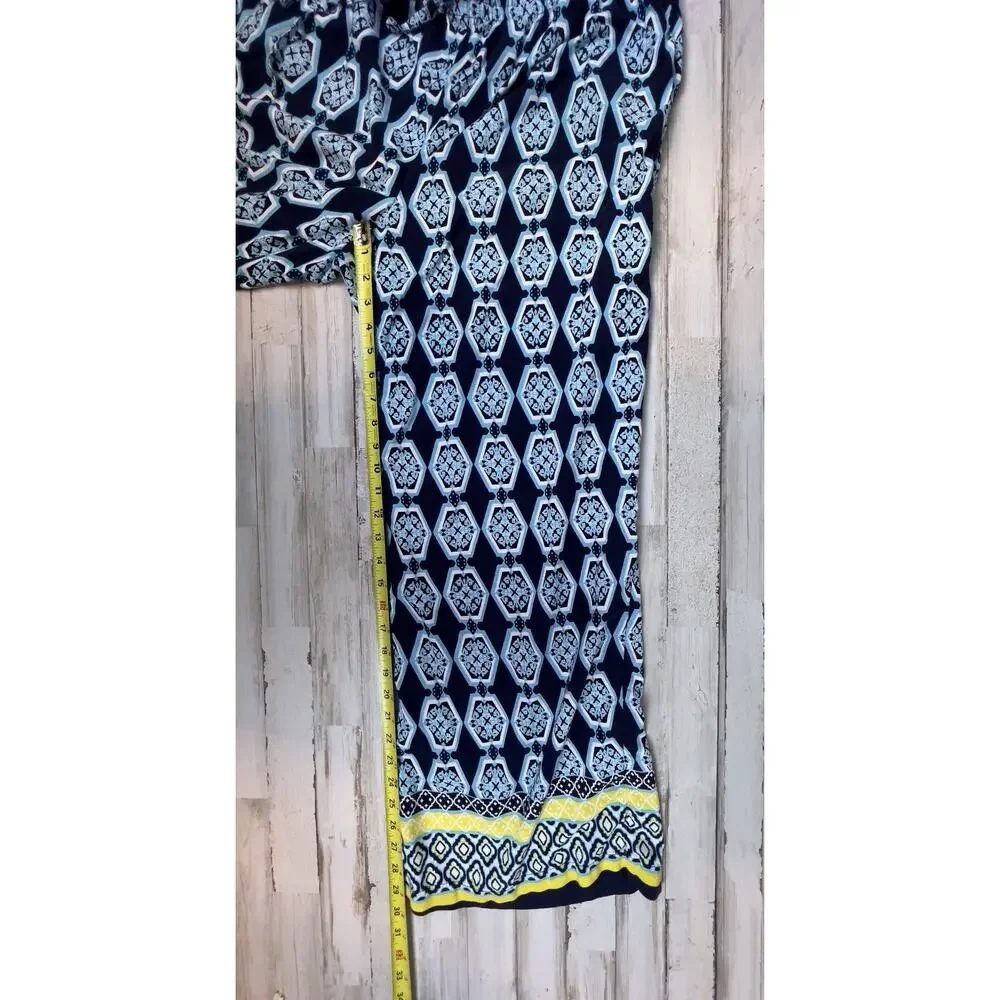 Crown & Ivy Size 1X Wide Leg Elastic Pull-On Palazzo Pants Blue Yellow Pockets - Picture 6 of 7